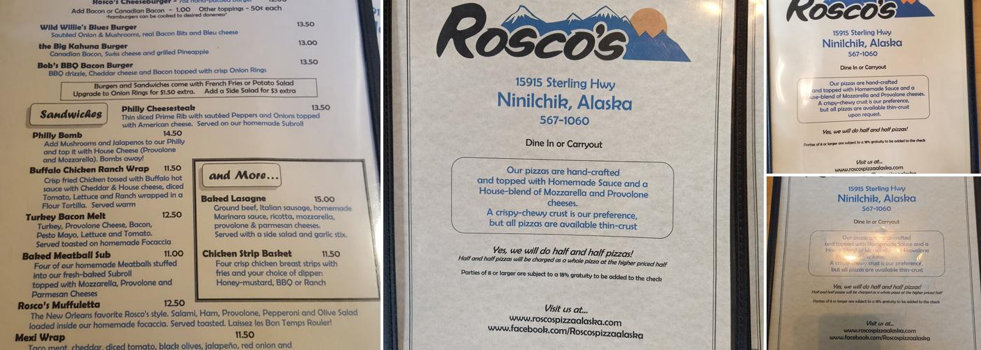 Rosco's Pizza Menu
