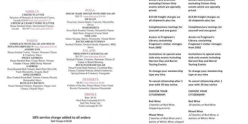 Frogtown Cellars Menu