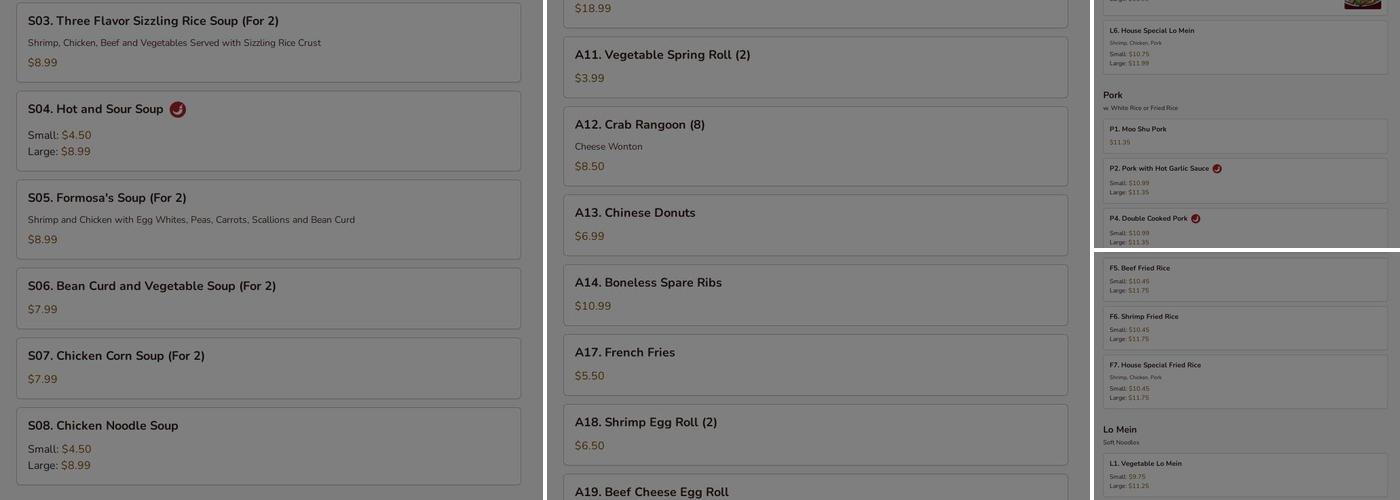 Formosa's II Chinese Restaurant Menu