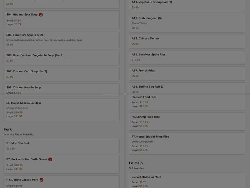 Formosa's II Chinese Restaurant Menu