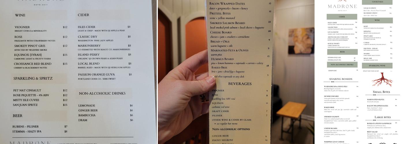 Madrone Wine & Cider Bar Menu