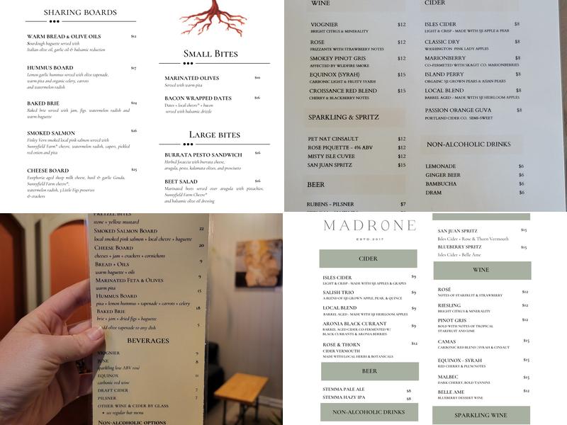 Madrone Wine & Cider Bar Menu