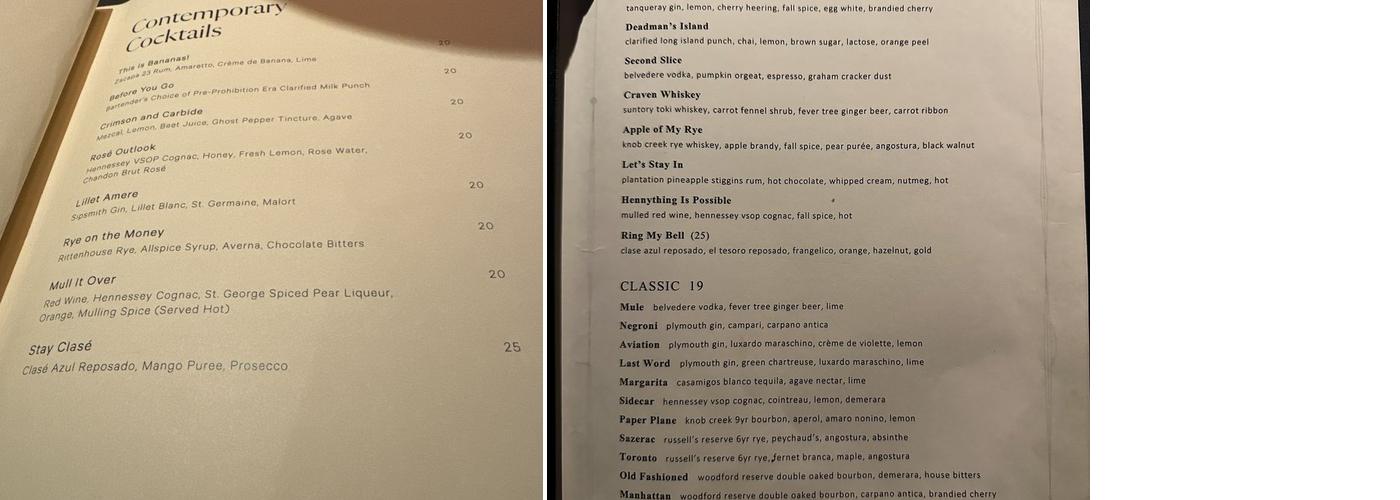 Bar Pendry Chicago Menu