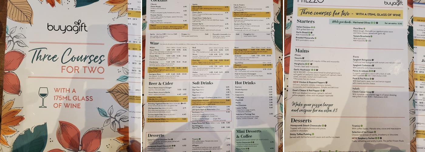 Prezzo Italian Restaurant Banstead Menu