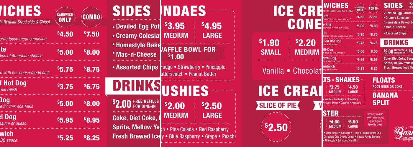 Barker's Ice Cream & More Menu