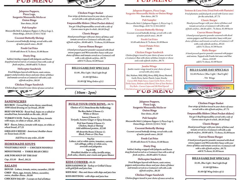 Cuevas Pub & Grill Menu