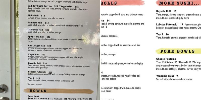 Bad Boy Sushi Menu