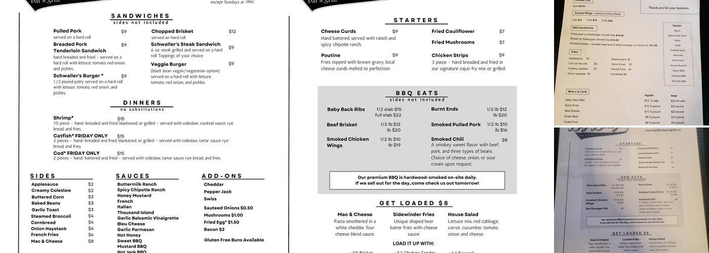 Big Billy's BBQ bar and grill Menu