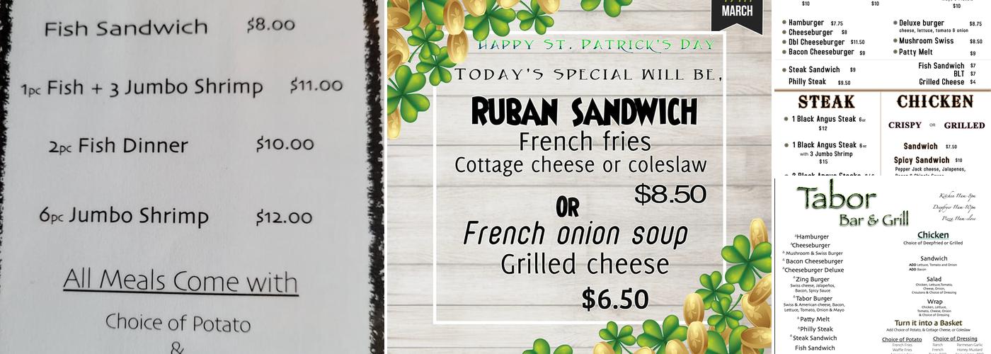 Tabor Bar & Grill and Storage Menu