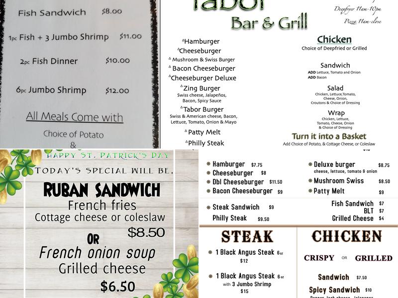 Tabor Bar & Grill and Storage Menu