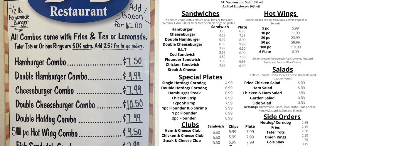 B and B Restaurant Menu