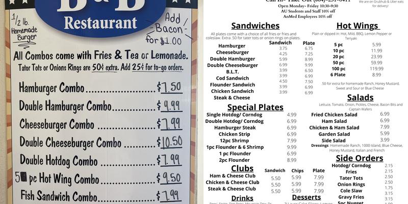 B and B Restaurant Menu