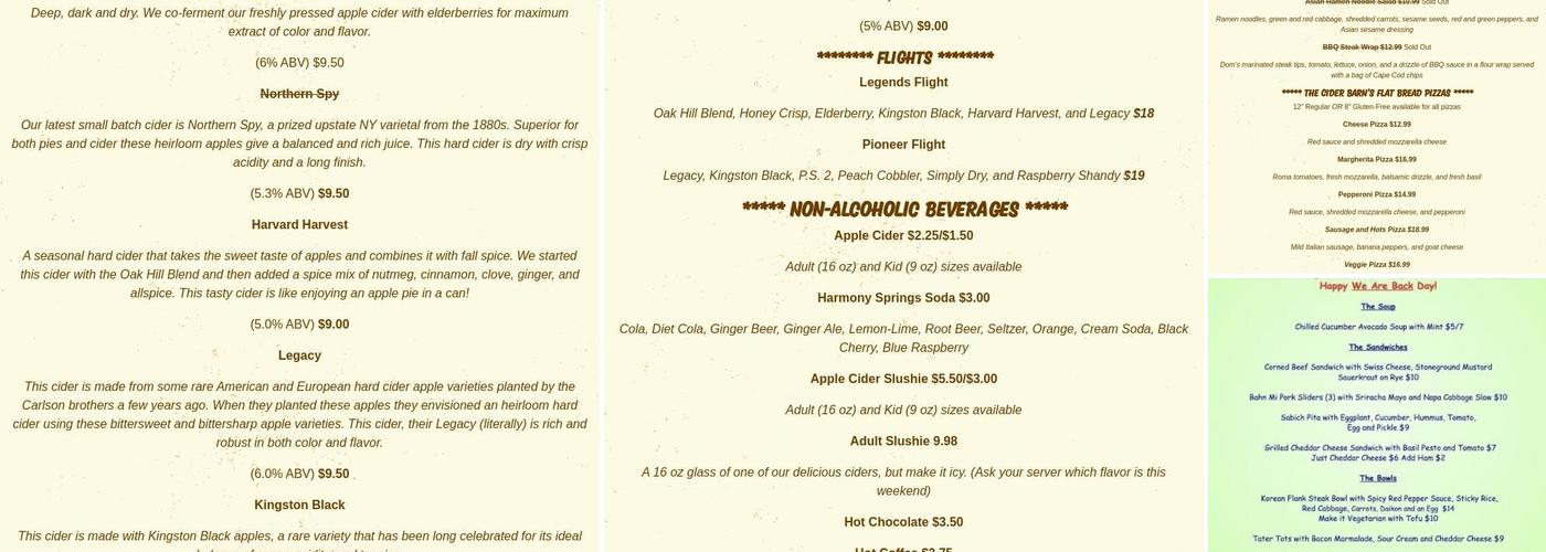 Cider Barn Taproom at Carlson Orchards Menu