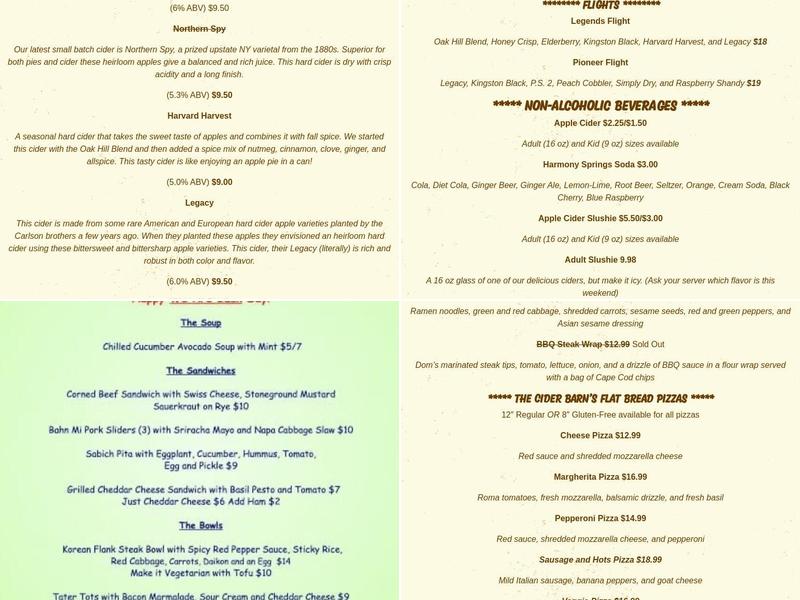 Cider Barn Taproom at Carlson Orchards Menu