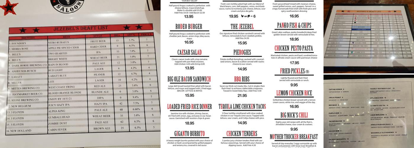 Jezebels Saloon Menu