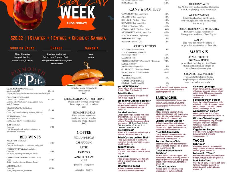Plymouth Public House Menu