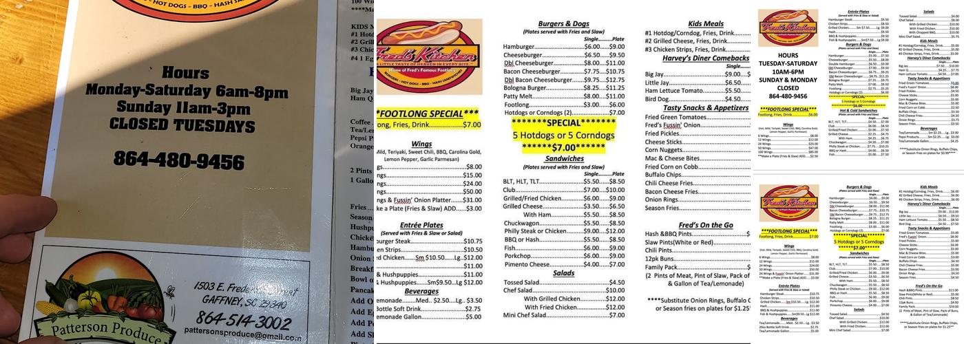 Fred's Kitchen Menu
