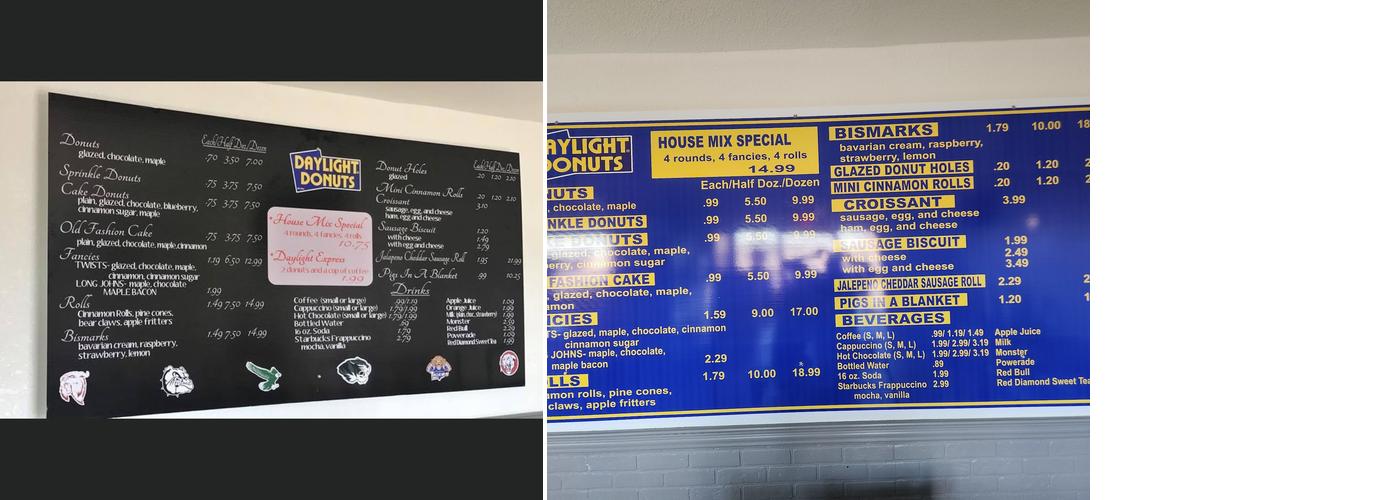 Daylight donuts Menu