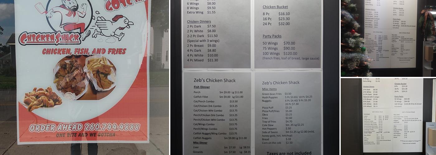 Zeb's Chicken Shack Menu