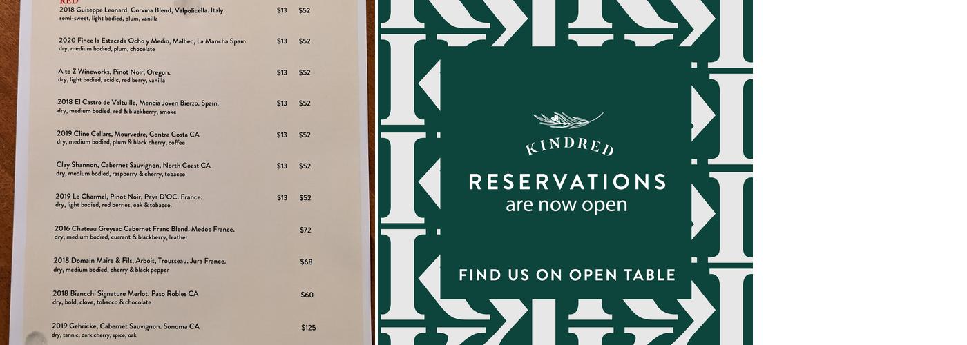 Kindred Restaurant Menu
