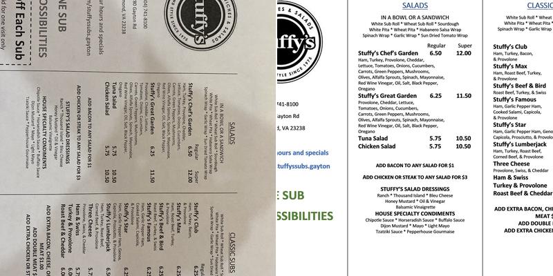 Stuffy’s Subs Menu