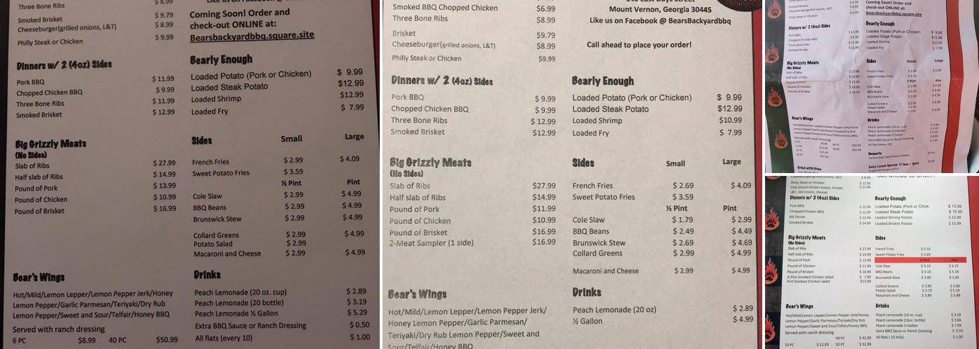 Bear's Backyard Barbeque, Inc. Menu