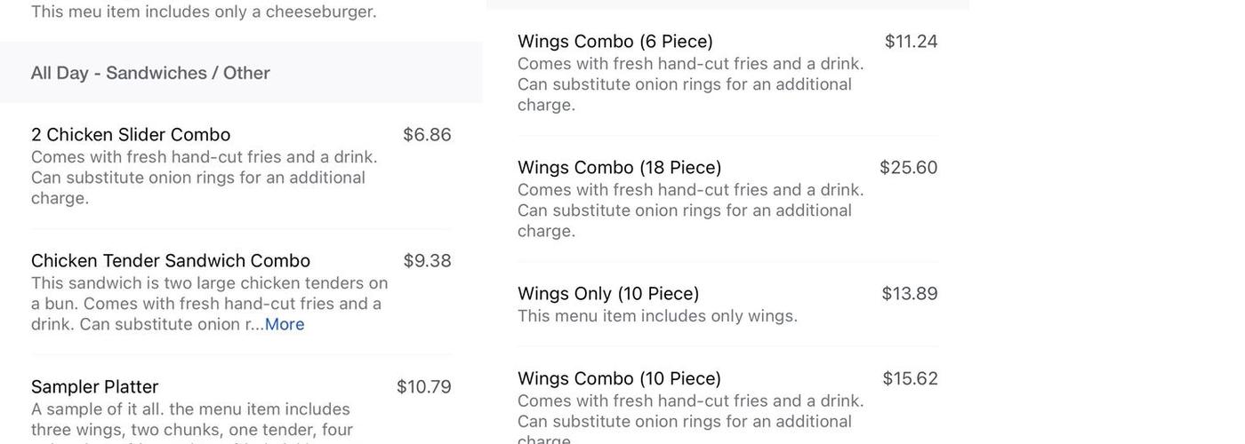 Wings, Rings, & Things Menu