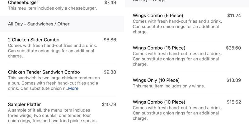 Wings, Rings, & Things Menu