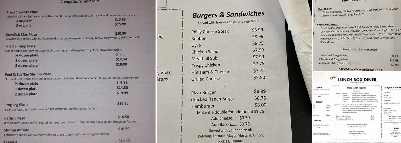 Chas' Lunch Box Diner Menu