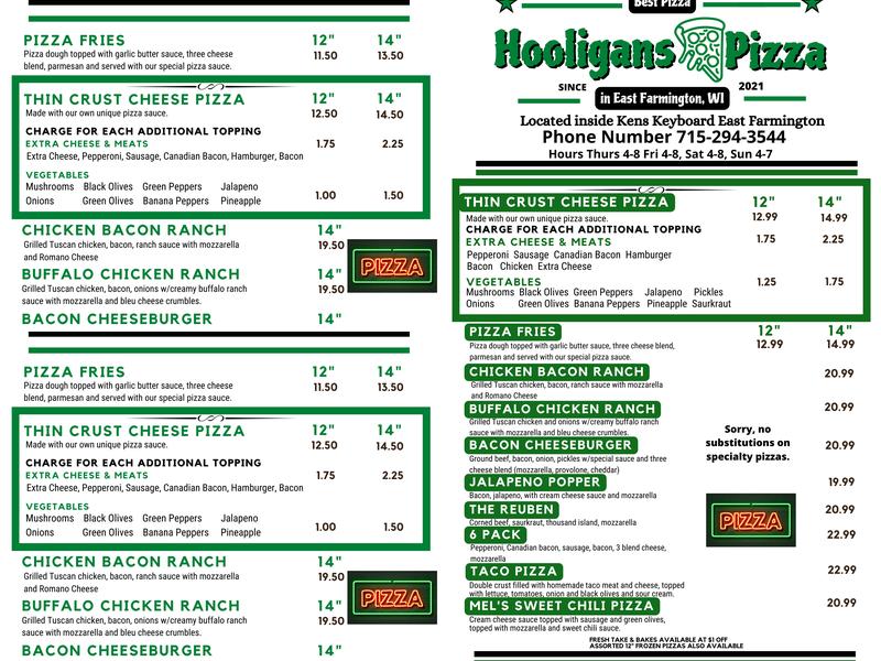 Hooligans Pizza Menu