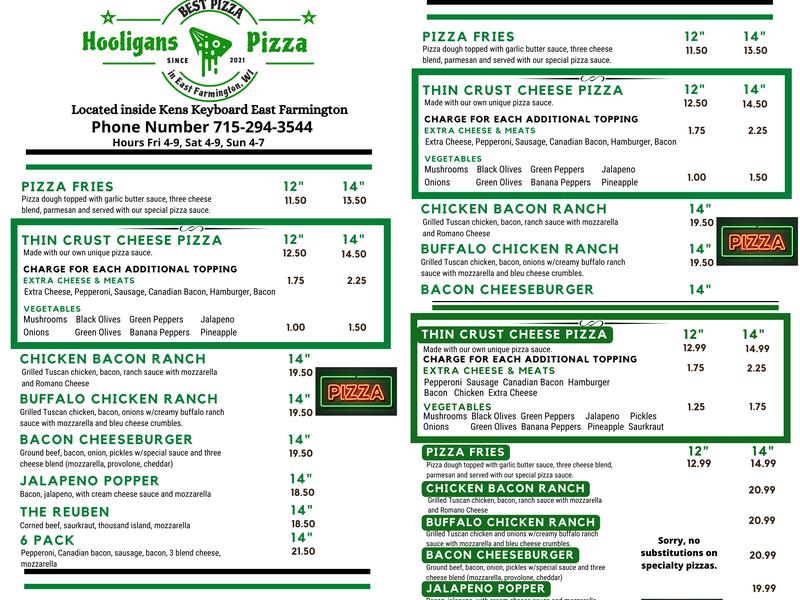 Hooligans Pizza Menu
