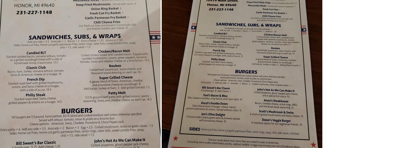 Sweet's Bar and Grill Menu