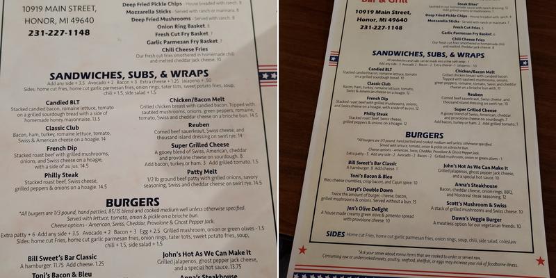 Sweet's Bar and Grill Menu