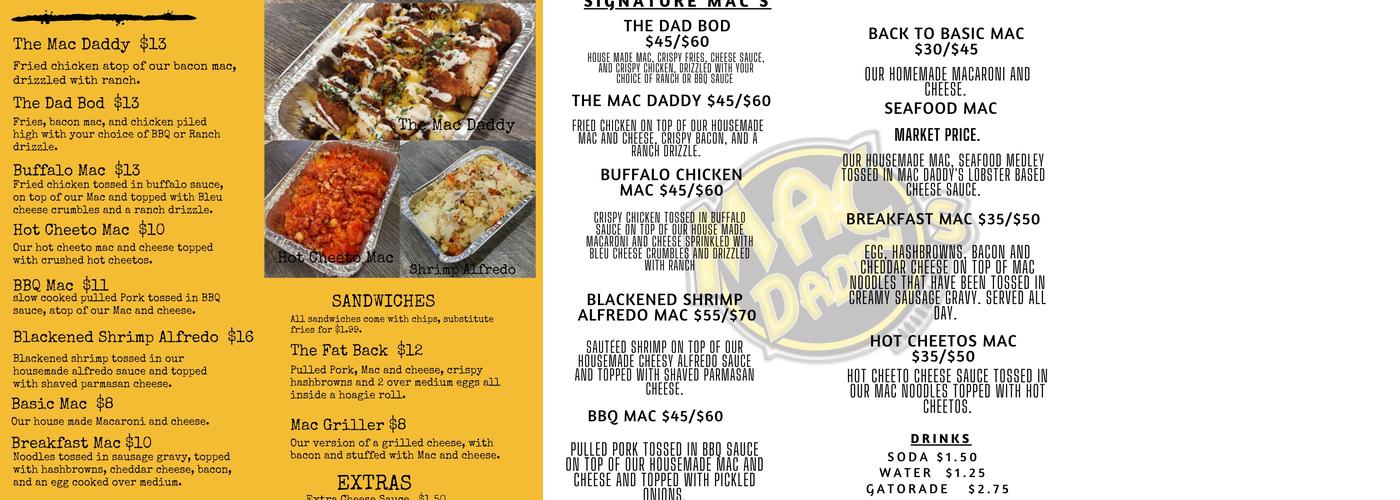 Mac Daddy's Macaroni Bar Menu