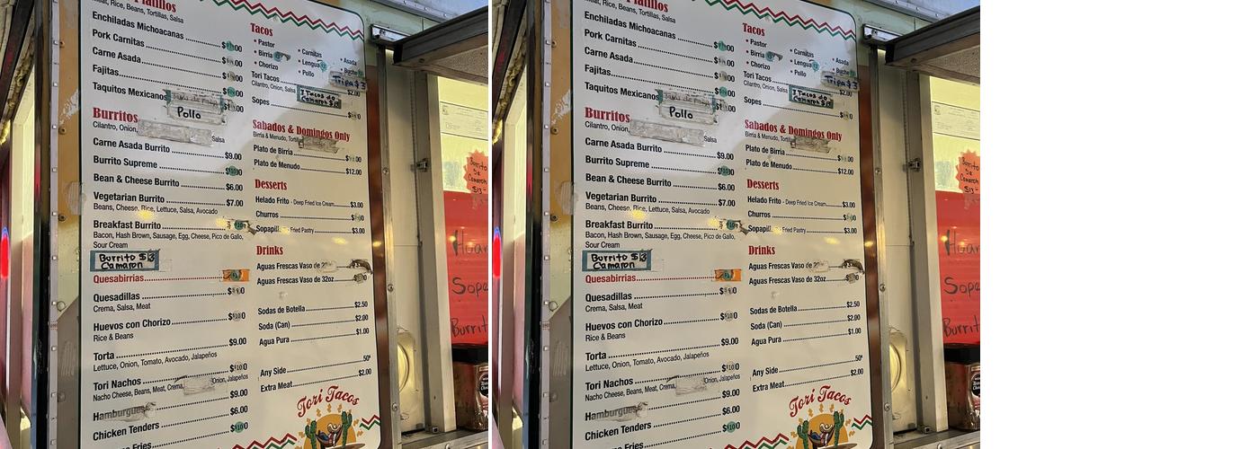 Tori’s Tacos Menu
