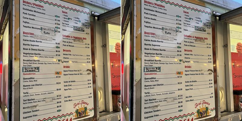Tori’s Tacos Menu