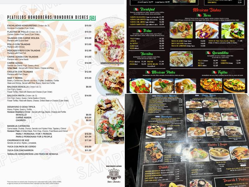 Rinconcito Latino Honduran and Mexican Food Menu