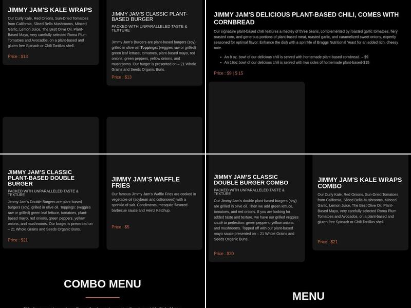 Jimmy Jam's Kale Wraps & Burgers Menu