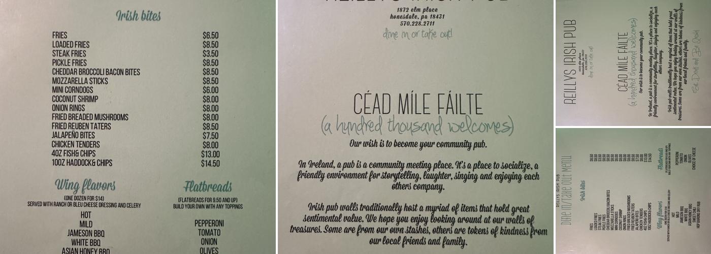 Reilly’s Irish Pub Menu