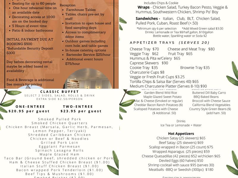 Farmhouse Event Space & Catering Menu