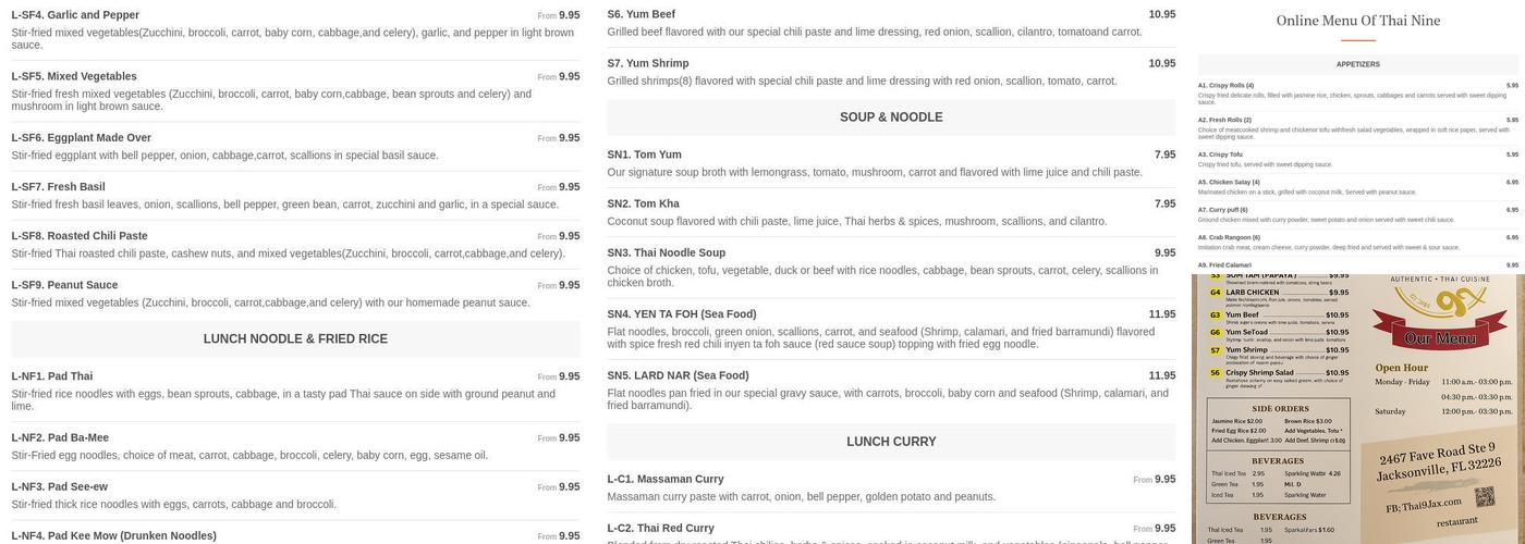 Thai Nine Restaurant Menu