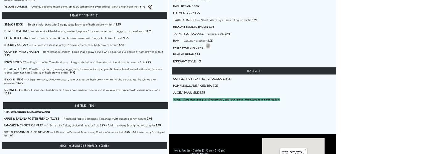 Prime Thyme Eatery Menu