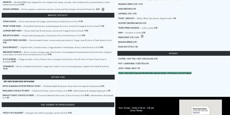 Prime Thyme Eatery Menu