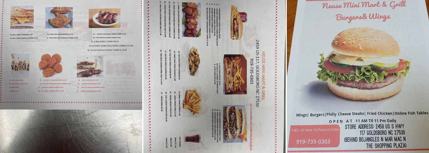 Neuse mini mart and grill Menu