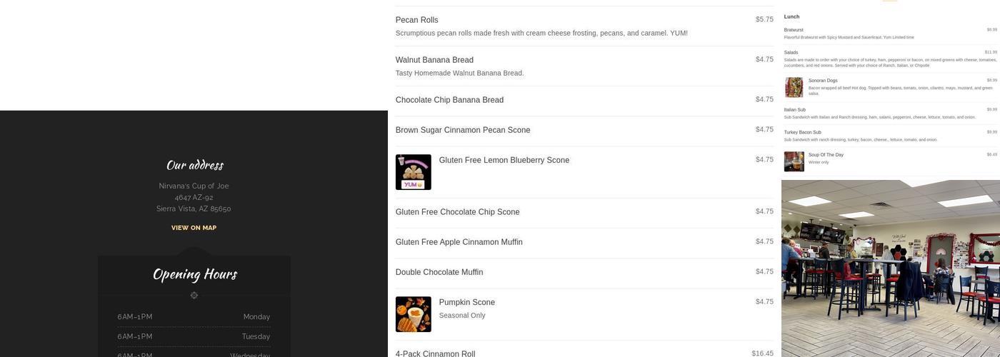 Nirvana’s Cup of Joe Menu
