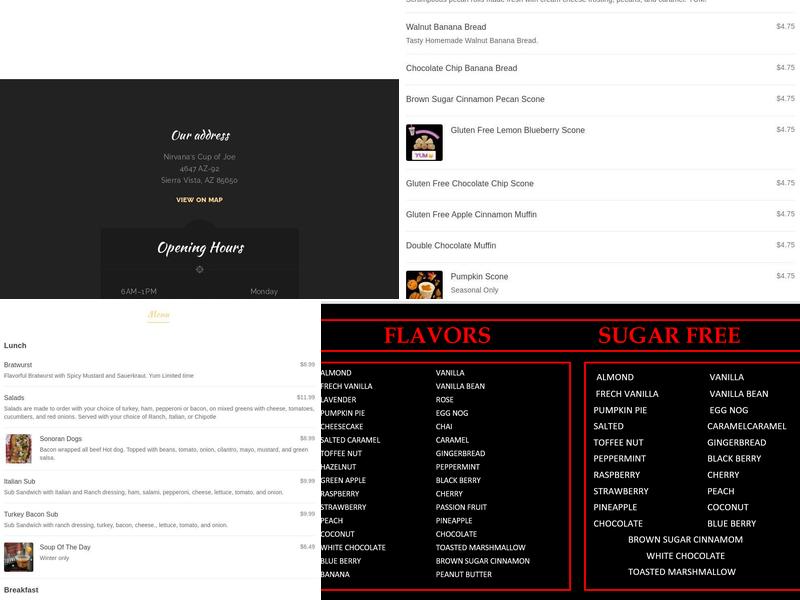 Nirvana’s Cup of Joe Menu