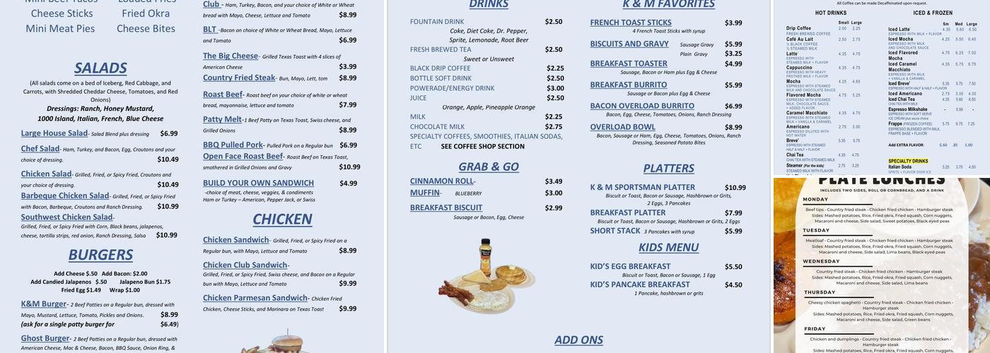K & M Coffee, Corks, & Camo Menu