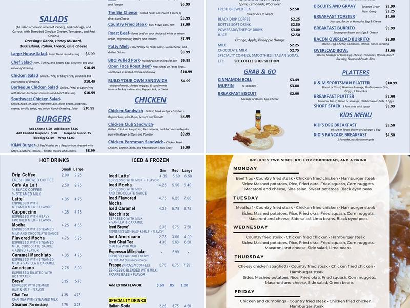 K & M Coffee, Corks, & Camo Menu