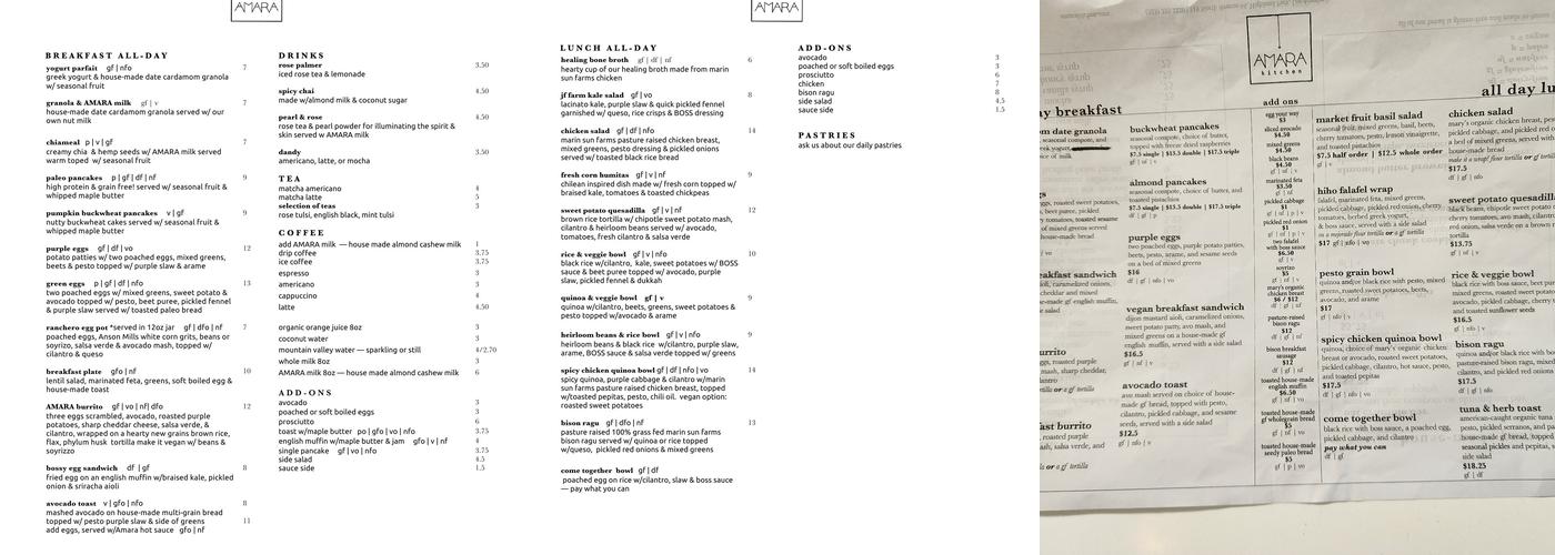 Amara Kitchen Menu