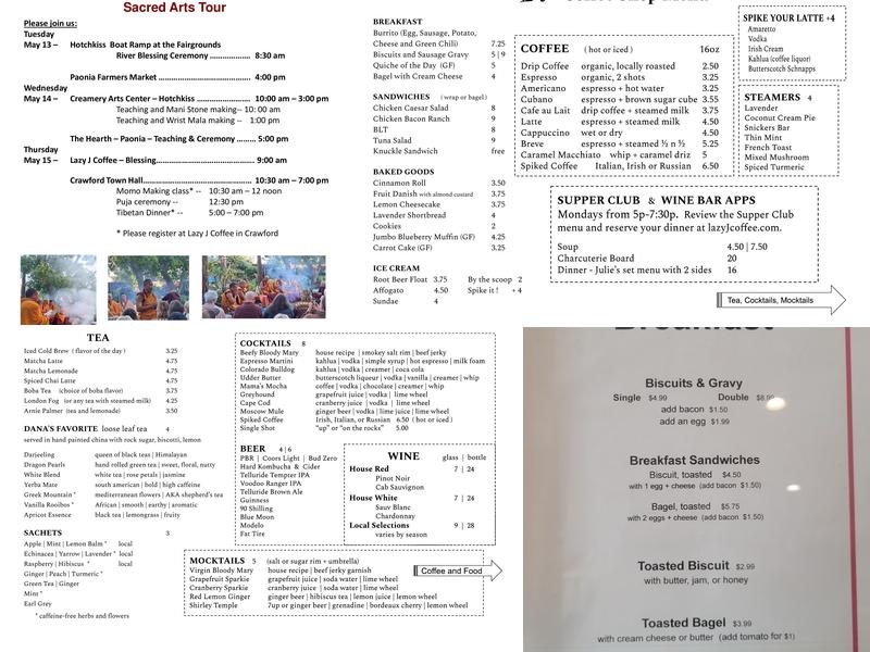 The Lazy J Coffee Shop Menu